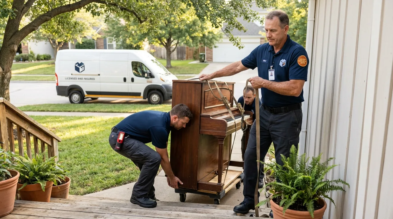 Licensed piano movers securing grand piano in Fort Rucker, AL
