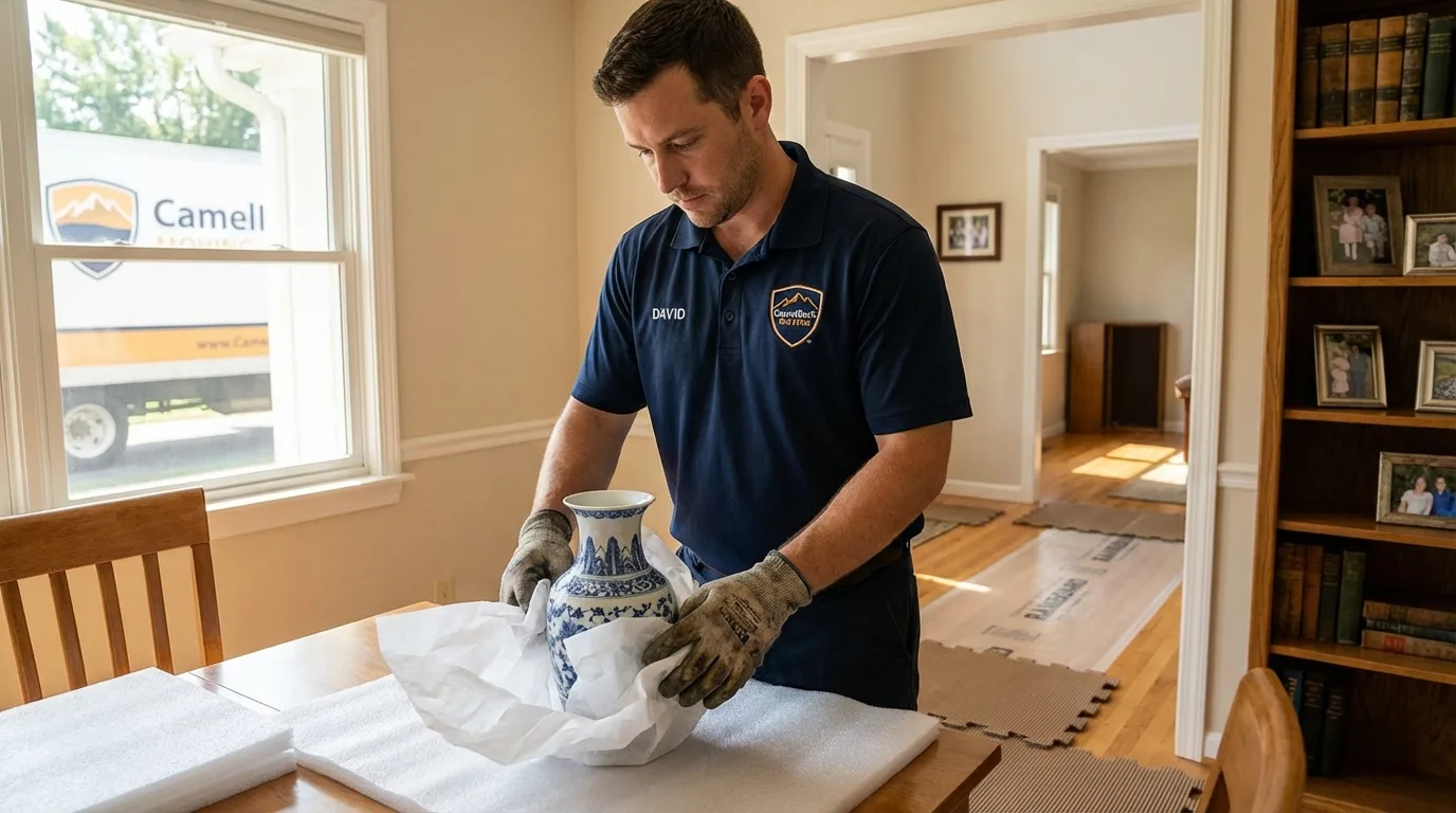 Professional crew carefully wrapping antique vase for senior downsizing move in Fort Rucker, AL